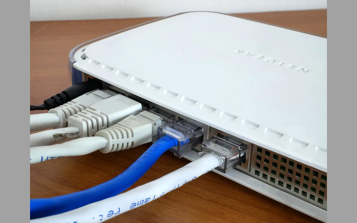 Ethernet cables plugged into a home router